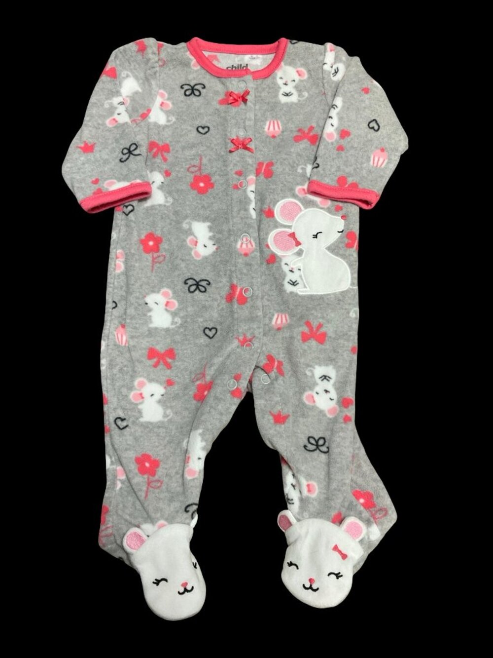 👣 10/$25  - Grey/Pink Mouse Print Fleece Sleeper w/ Mouse Applique